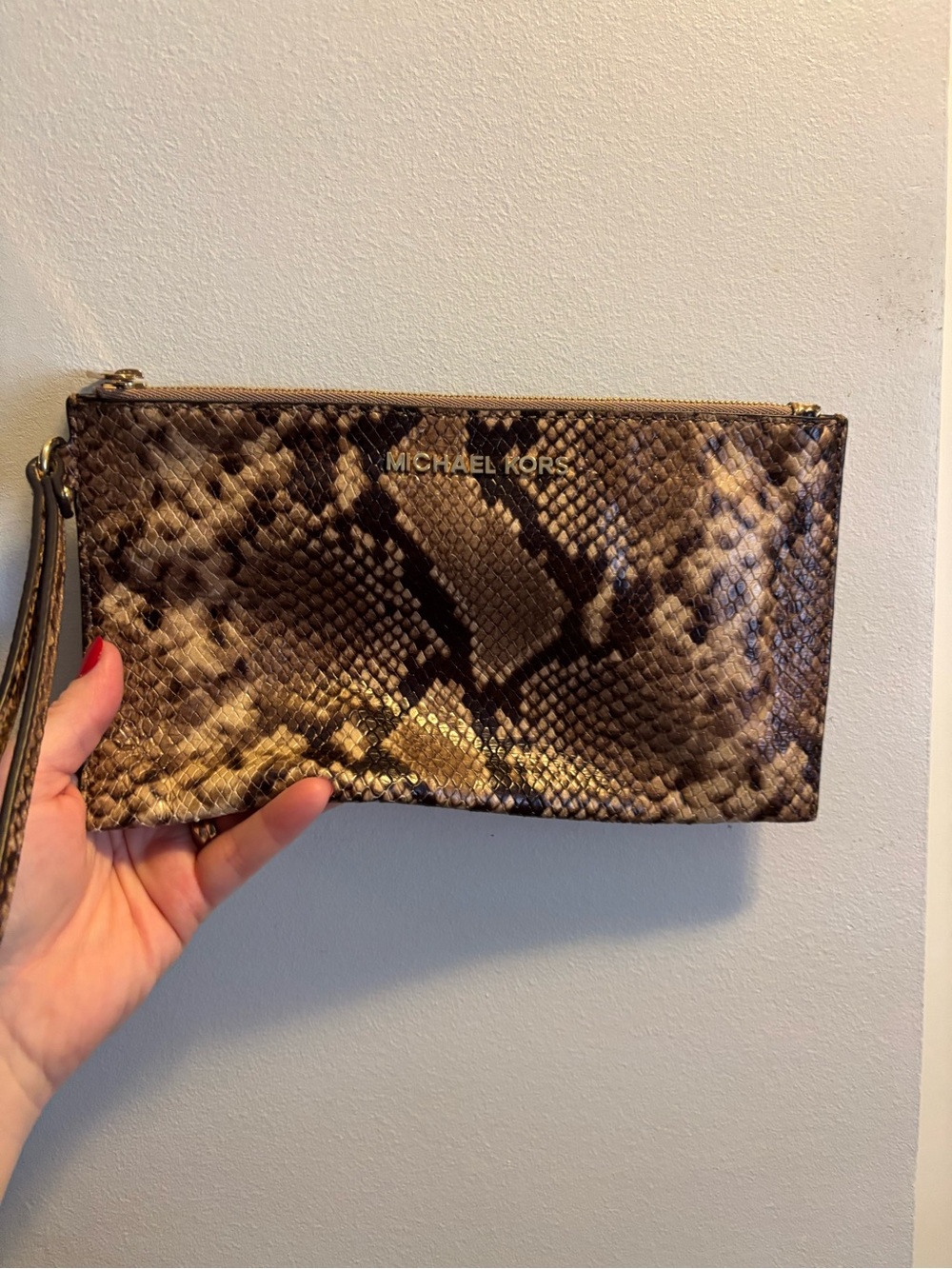 Michael Kors Brown Snakeskin-Print Wristlet Clutch with Gold Logo
